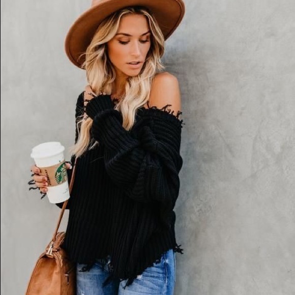 Boho Ripped frayed distressed v neck sweater white - Picture 6 of 11